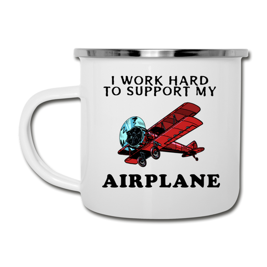 I Work Hard To Support My Airplane - Red - Camper Mug - white