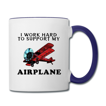 I Work Hard To Support My Airplane - Red - Contrast Coffee Mug - white/cobalt blue