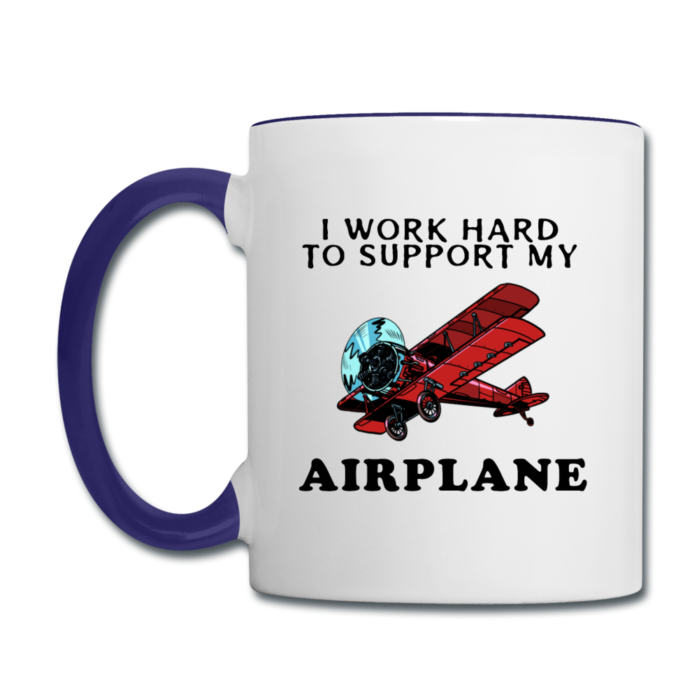 I Work Hard To Support My Airplane - Red - Contrast Coffee Mug - white/cobalt blue