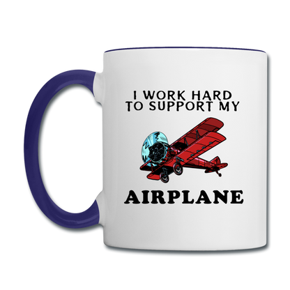 I Work Hard To Support My Airplane - Red - Contrast Coffee Mug - white/cobalt blue