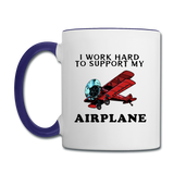 I Work Hard To Support My Airplane - Red - Contrast Coffee Mug - white/cobalt blue