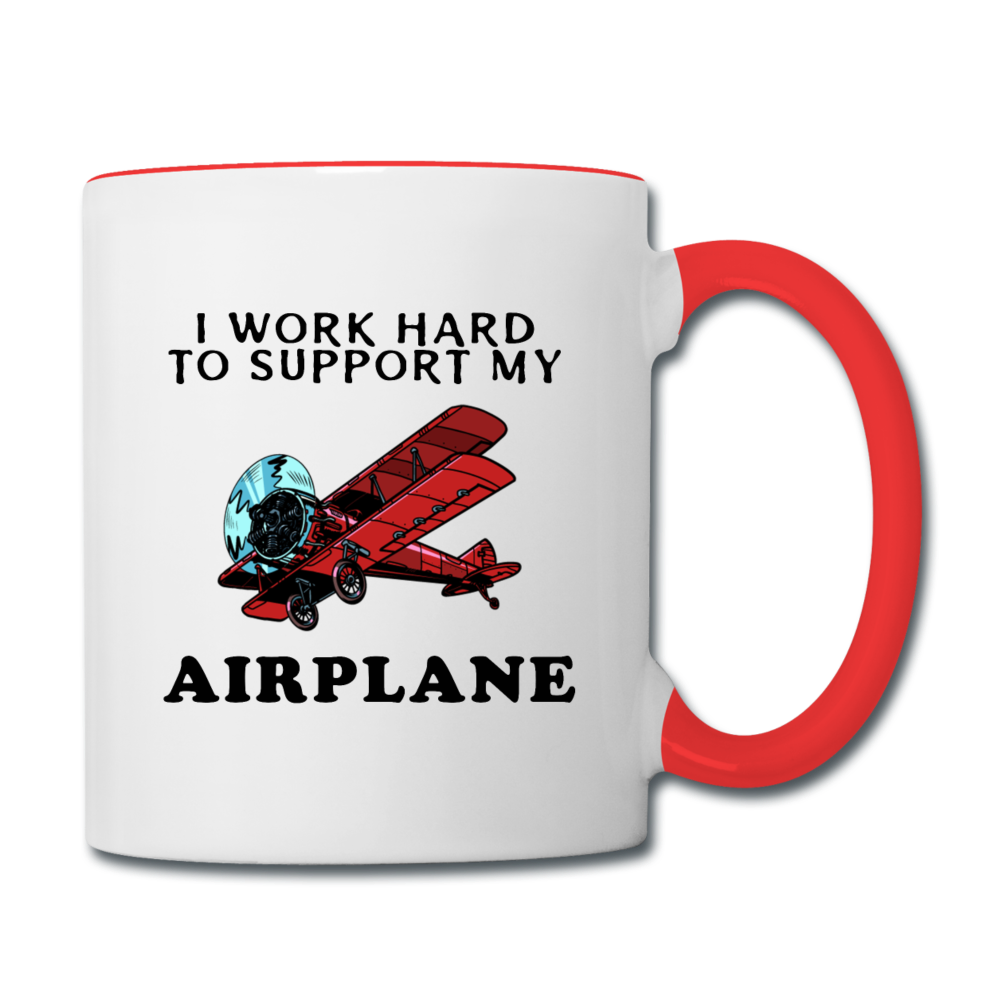 I Work Hard To Support My Airplane - Red - Contrast Coffee Mug - white/red