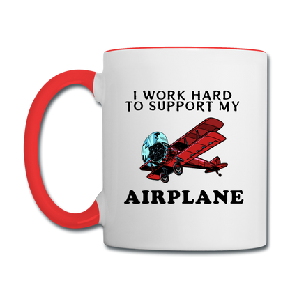 I Work Hard To Support My Airplane - Red - Contrast Coffee Mug - white/red