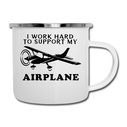 I Work Hard To Support My Airplane - Black - Camper Mug - white