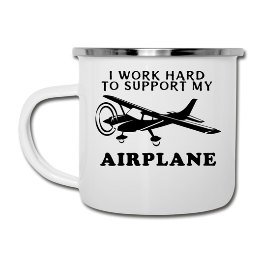 I Work Hard To Support My Airplane - Black - Camper Mug - white