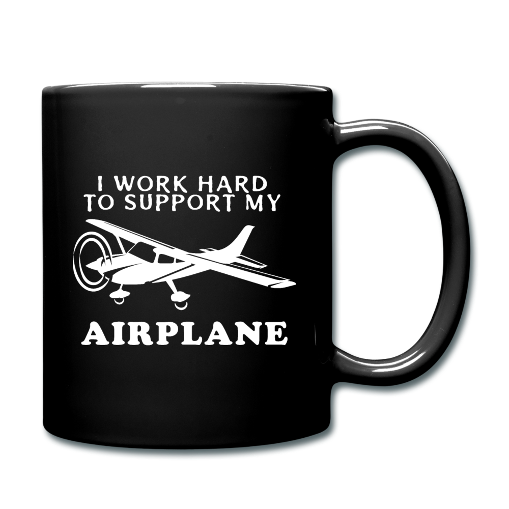 I Work Hard To Support My Airplane - White - Full Color Mug - black