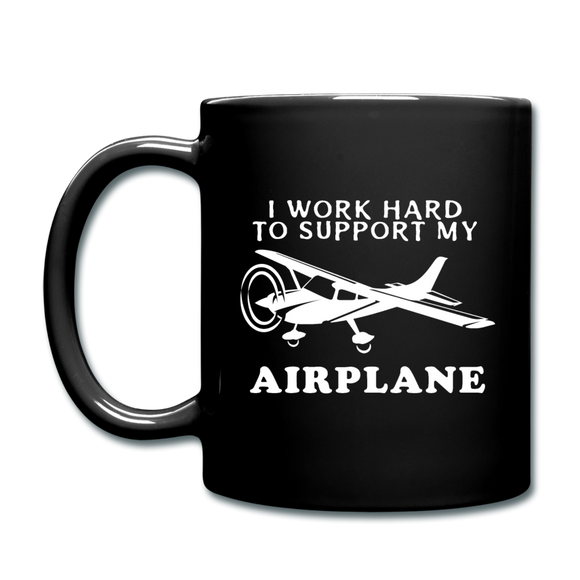 I Work Hard To Support My Airplane - White - Full Color Mug - black