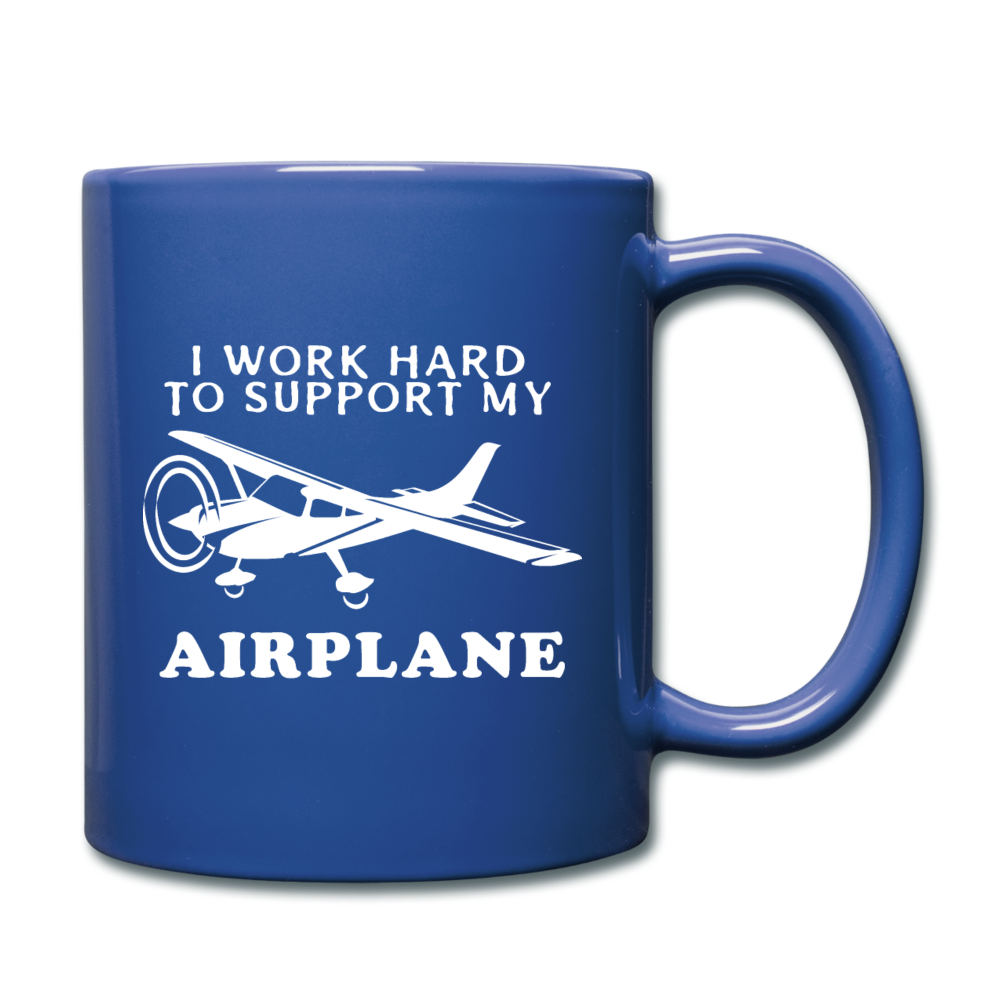 I Work Hard To Support My Airplane - White - Full Color Mug - royal blue