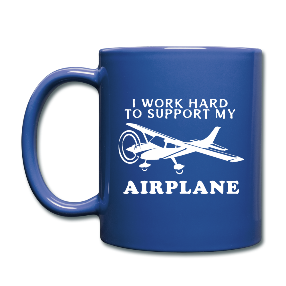 I Work Hard To Support My Airplane - White - Full Color Mug - royal blue