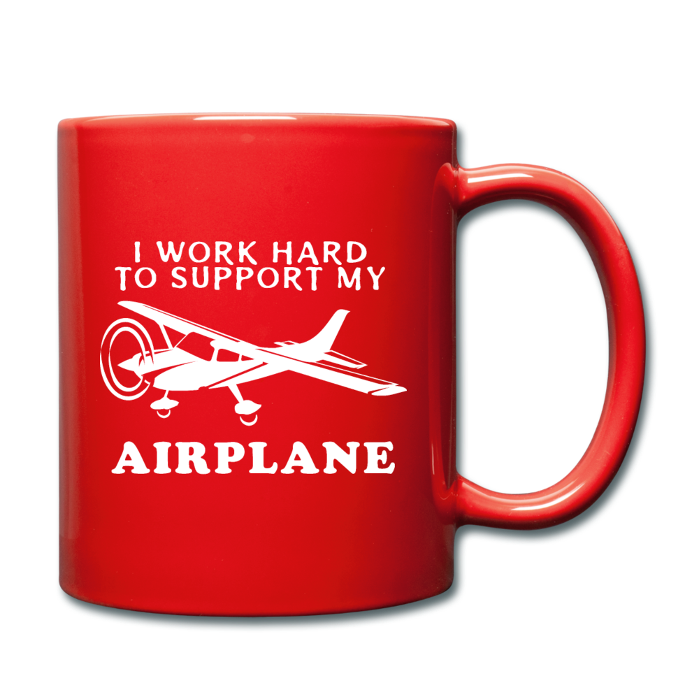 I Work Hard To Support My Airplane - White - Full Color Mug - red