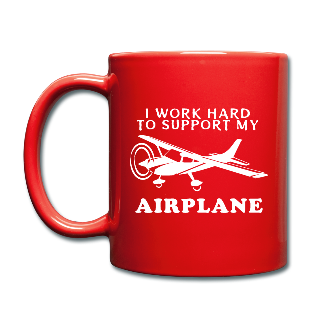 I Work Hard To Support My Airplane - White - Full Color Mug - red