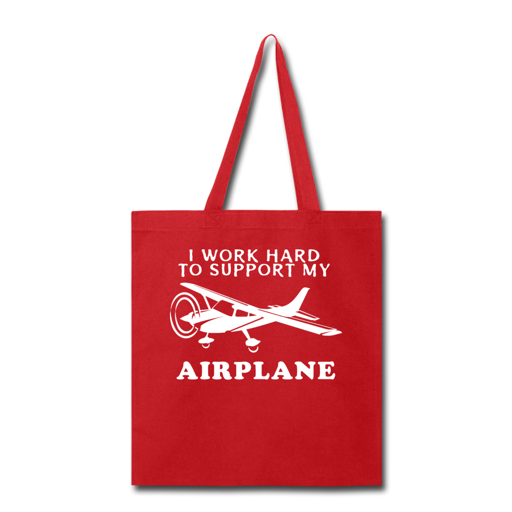 I Work Hard To Support My Airplane - White - Tote Bag - red