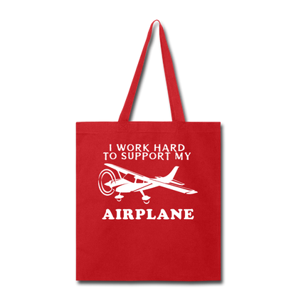 I Work Hard To Support My Airplane - White - Tote Bag - red