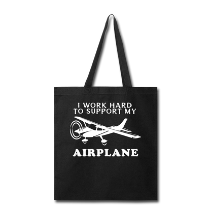 I Work Hard To Support My Airplane - White - Tote Bag - black