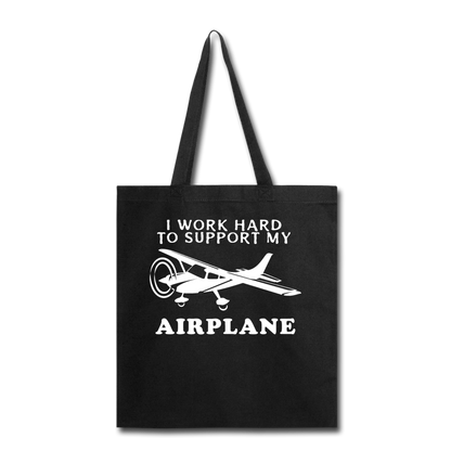 I Work Hard To Support My Airplane - White - Tote Bag - black