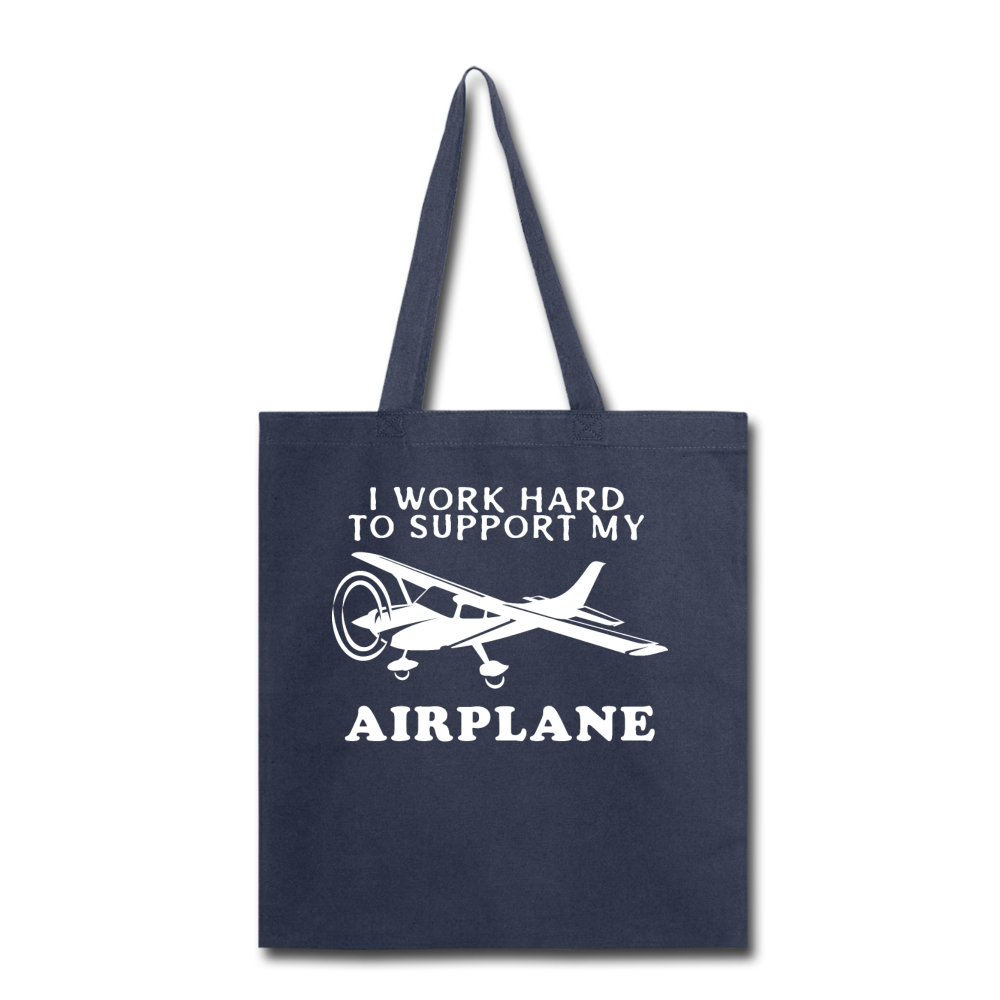 I Work Hard To Support My Airplane - White - Tote Bag - navy