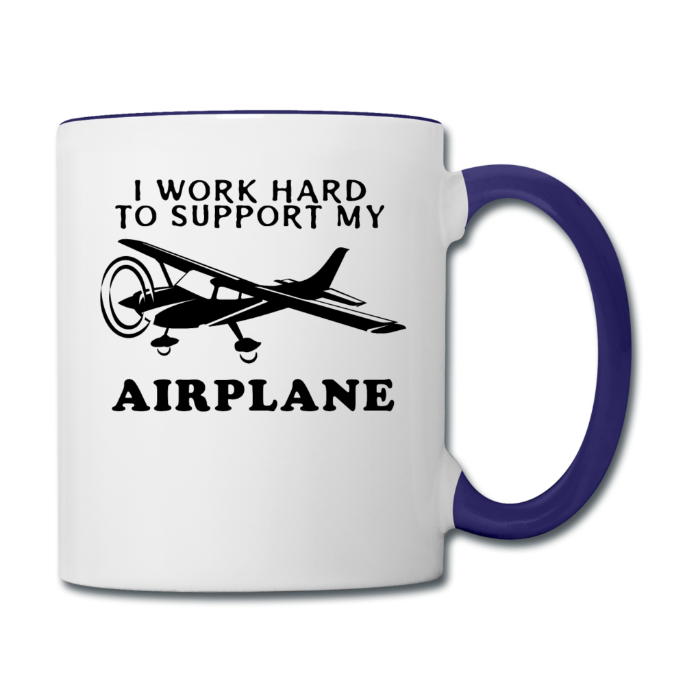 I Work Hard To Support My Airplane - Black - Contrast Coffee Mug - white/cobalt blue