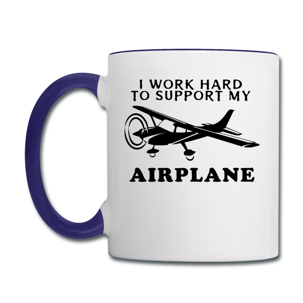 I Work Hard To Support My Airplane - Black - Contrast Coffee Mug - white/cobalt blue