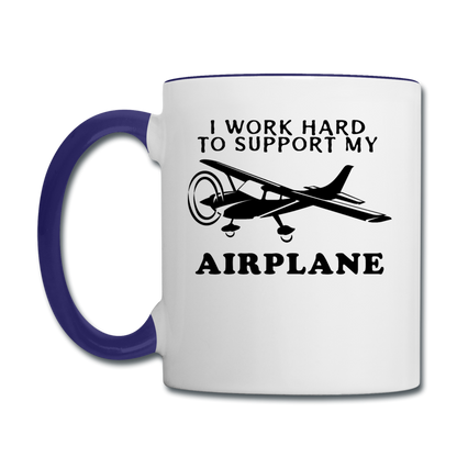 I Work Hard To Support My Airplane - Black - Contrast Coffee Mug - white/cobalt blue