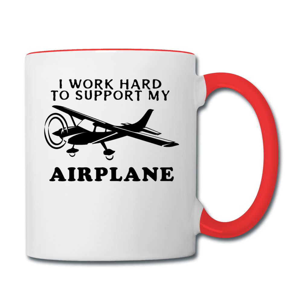 I Work Hard To Support My Airplane - Black - Contrast Coffee Mug - white/red