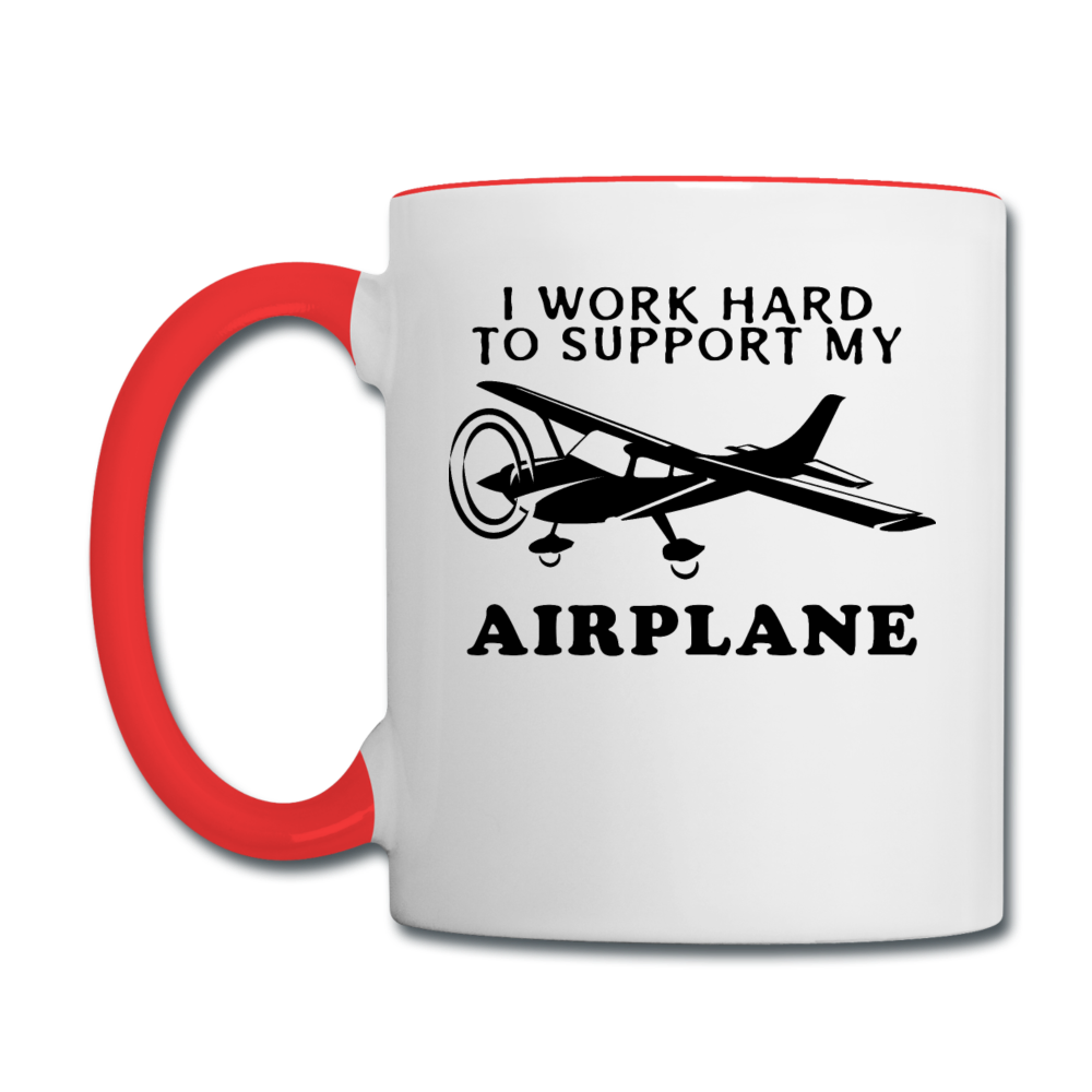 I Work Hard To Support My Airplane - Black - Contrast Coffee Mug - white/red