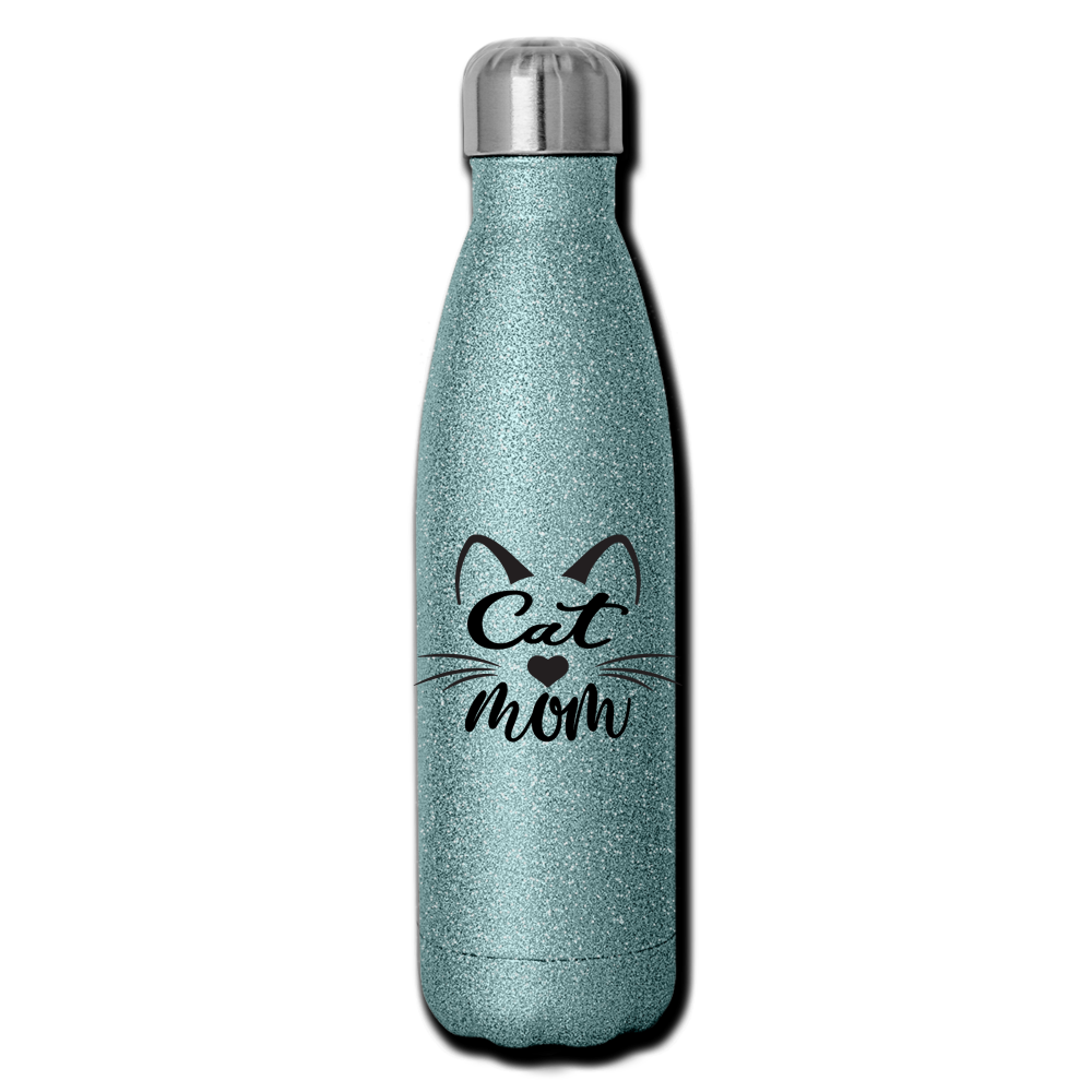 Cat Mom - Black - v2 - Insulated Stainless Steel Water Bottle - turquoise glitter