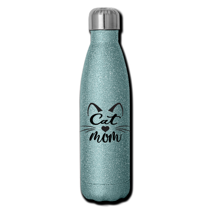 Cat Mom - Black - v2 - Insulated Stainless Steel Water Bottle - turquoise glitter