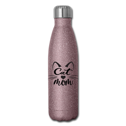 Cat Mom - Black - v2 - Insulated Stainless Steel Water Bottle - pink glitter