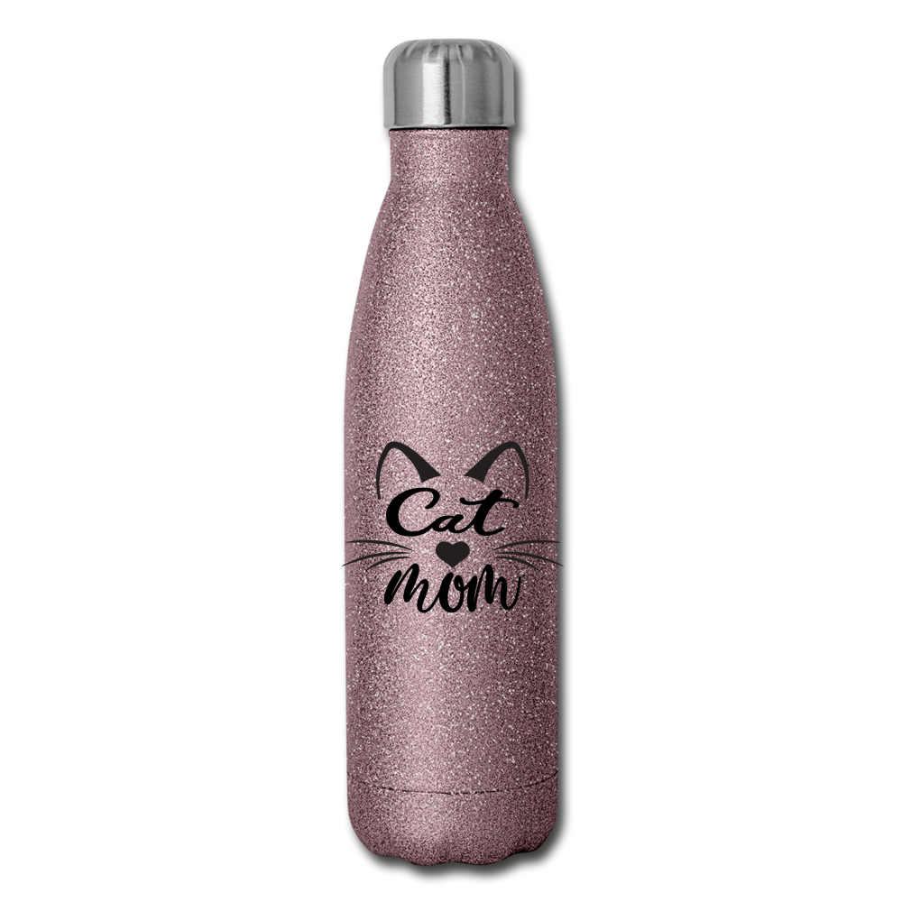 Cat Mom - Black - v2 - Insulated Stainless Steel Water Bottle - pink glitter