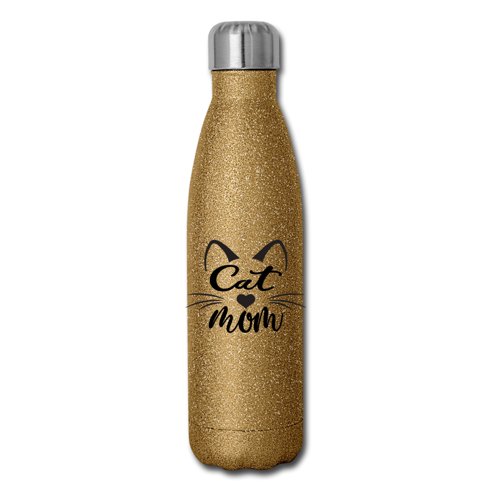 Cat Mom - Black - v2 - Insulated Stainless Steel Water Bottle - gold glitter