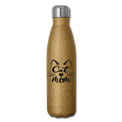 Cat Mom - Black - v2 - Insulated Stainless Steel Water Bottle - gold glitter