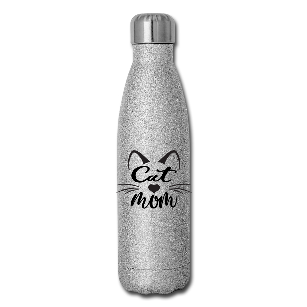 Cat Mom - Black - v2 - Insulated Stainless Steel Water Bottle - silver glitter