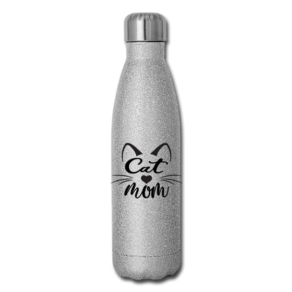 Cat Mom - Black - v2 - Insulated Stainless Steel Water Bottle - silver glitter