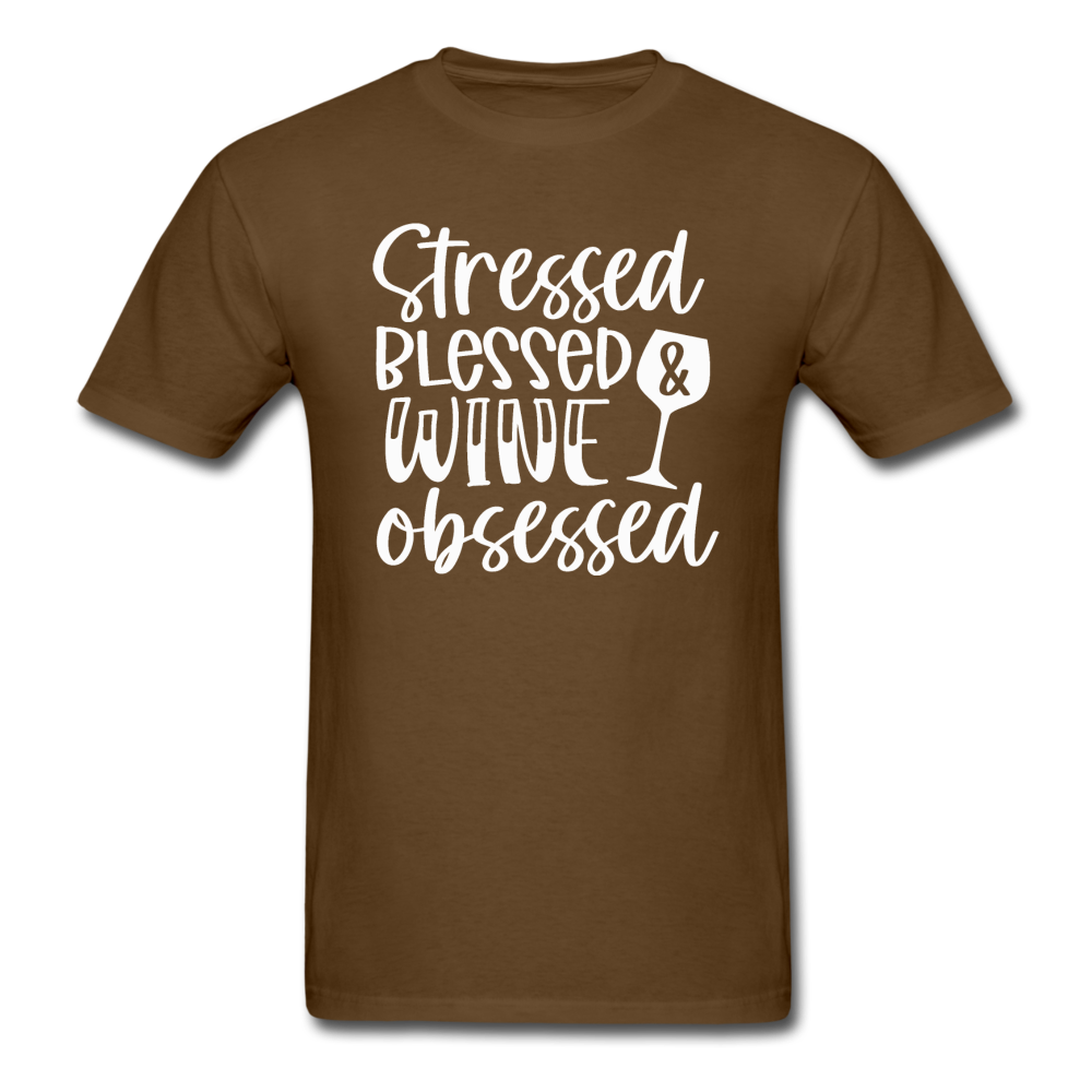 Stressed Blessed Wine Obsessed - White - Unisex Classic T-Shirt - brown