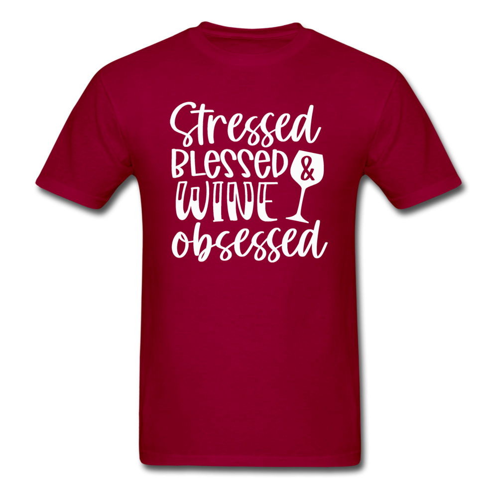 Stressed Blessed Wine Obsessed - White - Unisex Classic T-Shirt - dark red