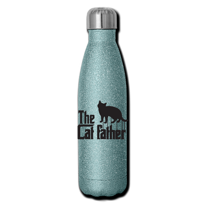 The Cat Father - Black - Insulated Stainless Steel Water Bottle - turquoise glitter