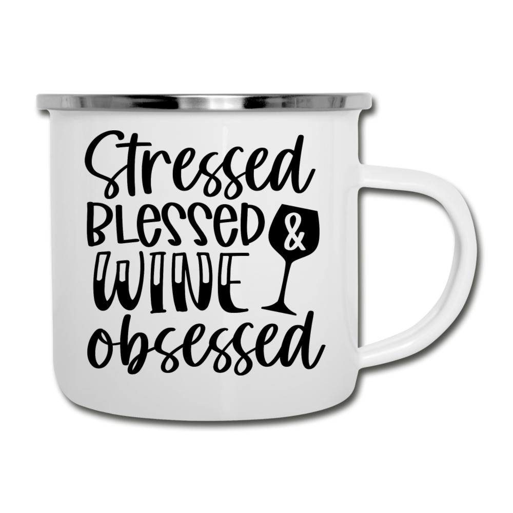 Stressed Blessed Wine Obsessed - Black - Camper Mug - white