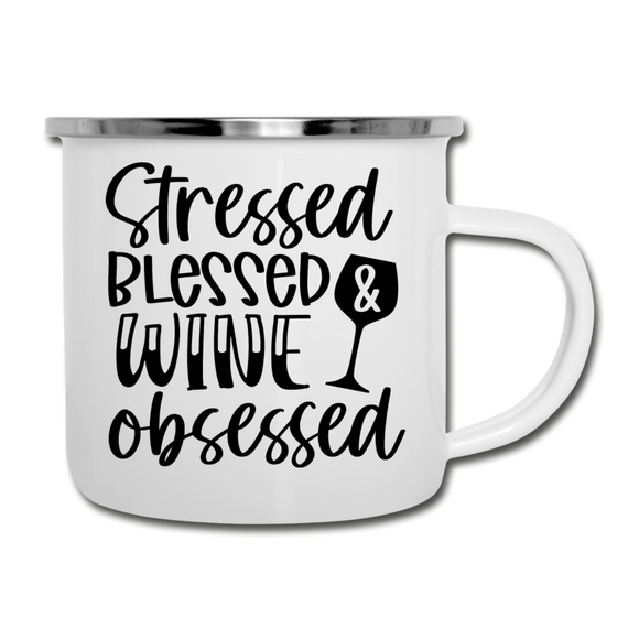 Stressed Blessed Wine Obsessed - Black - Camper Mug - white