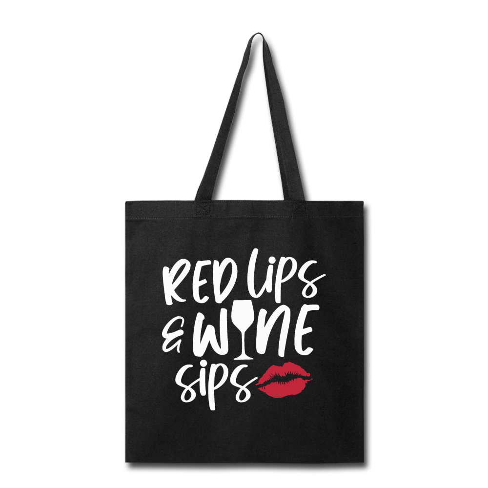 Red Lips Wine Sips - White - Tote Bag - black