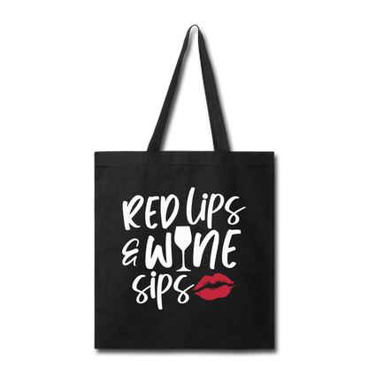 Red Lips Wine Sips - White - Tote Bag - black