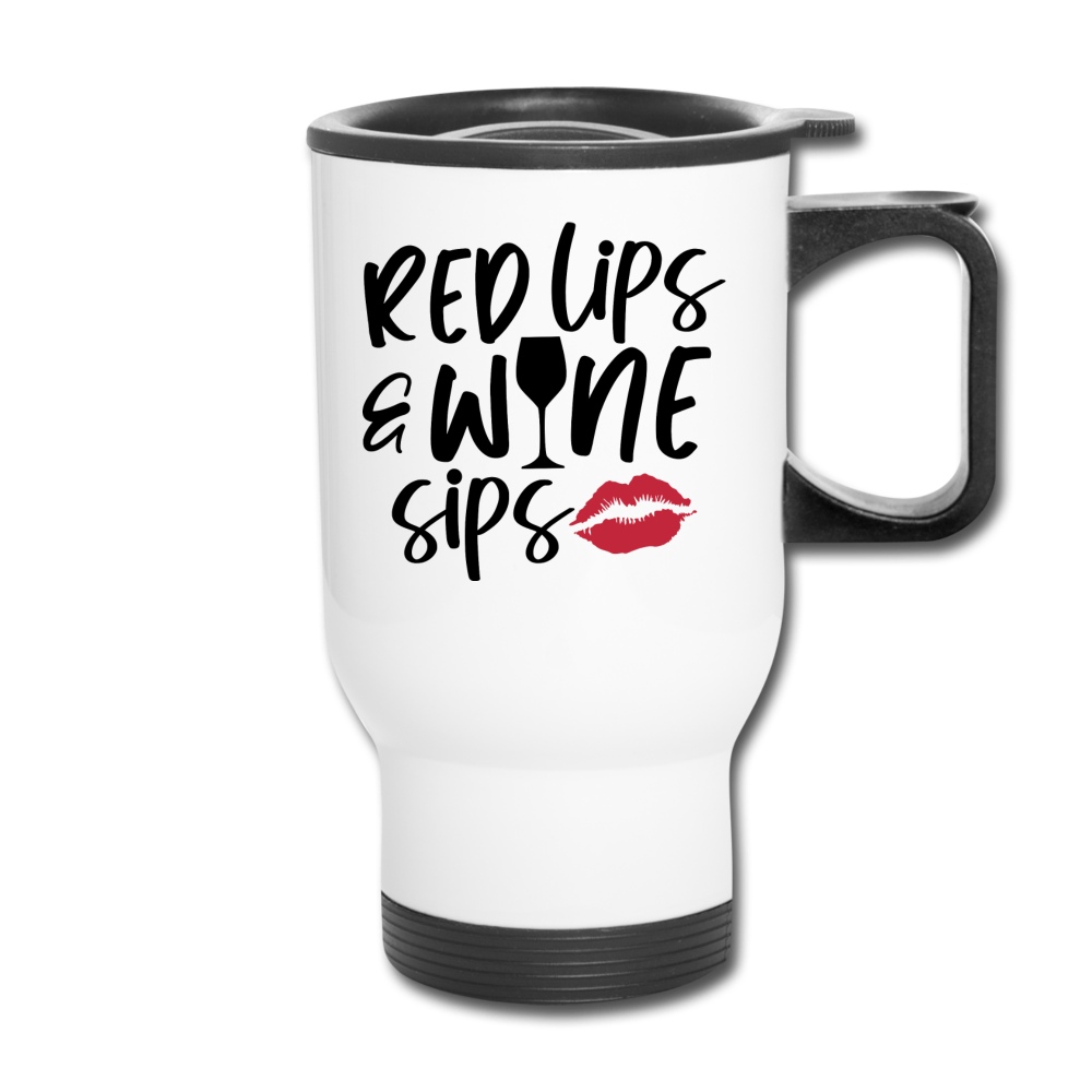 Red Lips Wine Sips - Black - Travel Mug - white