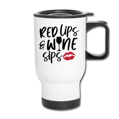 Red Lips Wine Sips - Black - Travel Mug - white