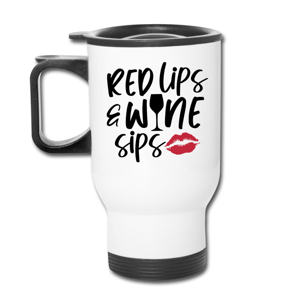 Red Lips Wine Sips - Black - Travel Mug - white