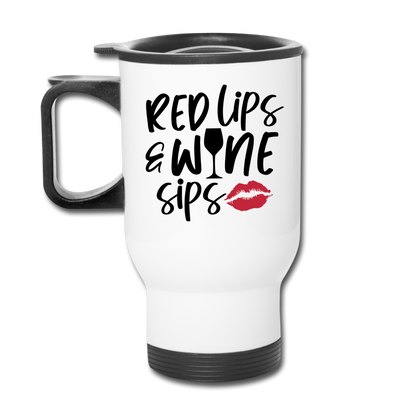 Red Lips Wine Sips - Black - Travel Mug - white