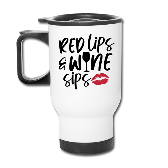 Red Lips Wine Sips - Black - Travel Mug - white