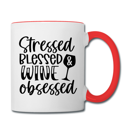 Stressed Blessed Wine Obsessed - Black - Contrast Coffee Mug - white/red