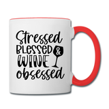 Stressed Blessed Wine Obsessed - Black - Contrast Coffee Mug - white/red