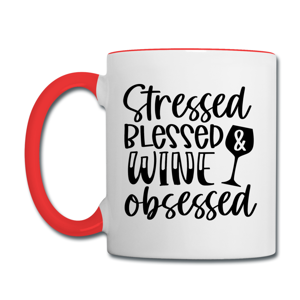 Stressed Blessed Wine Obsessed - Black - Contrast Coffee Mug - white/red