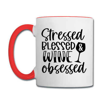 Stressed Blessed Wine Obsessed - Black - Contrast Coffee Mug - white/red