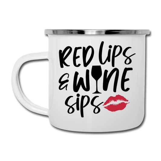 Red Lips Wine Sips - Black - Camper Mug - white